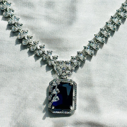 Ariva Collection Blue Sapphire Cubic Zircon Stone American Diamond Silver Plated Necklace Set