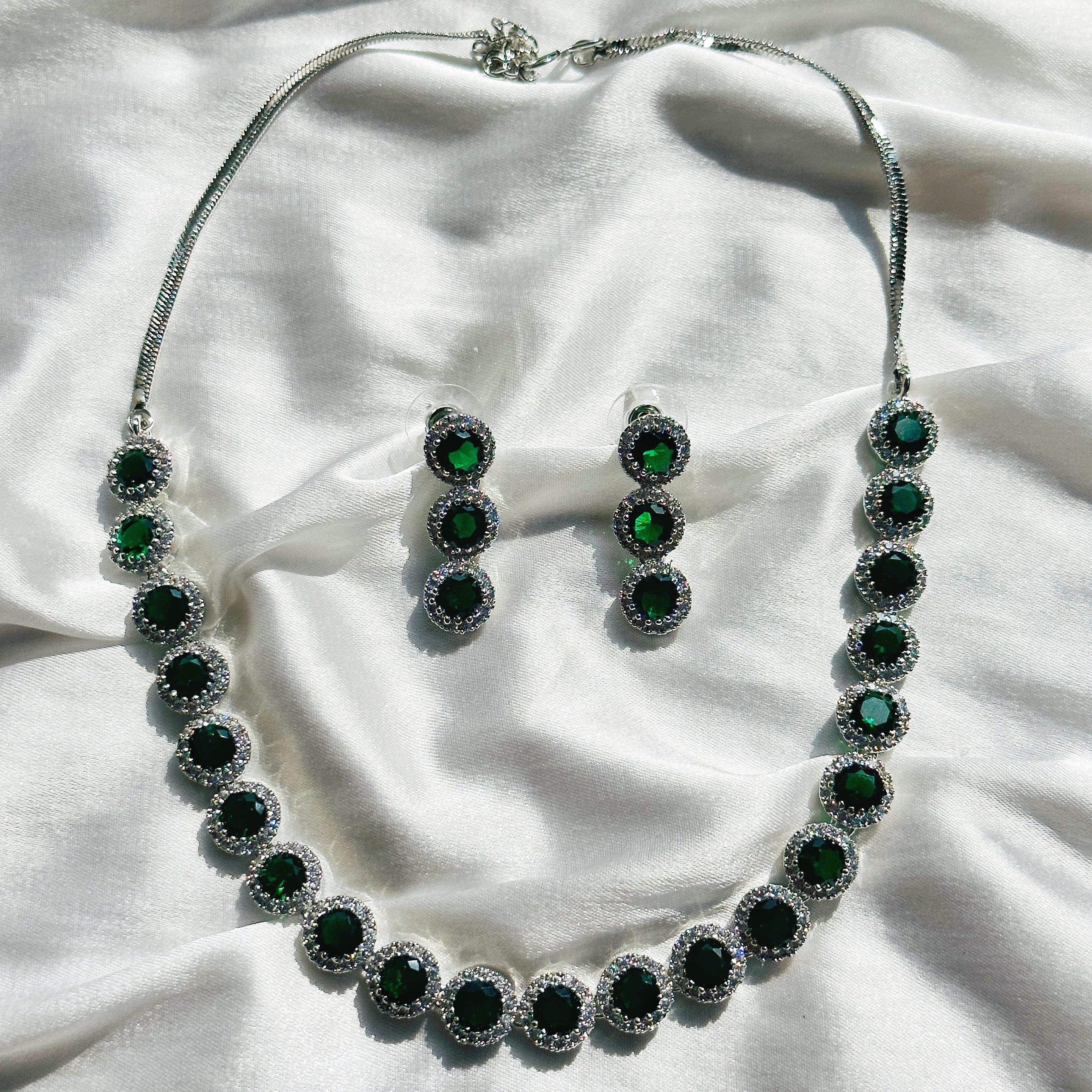 Ariva Collection Emerald Cubic Zircon Stone American Diamond Silver Plated Necklace Set