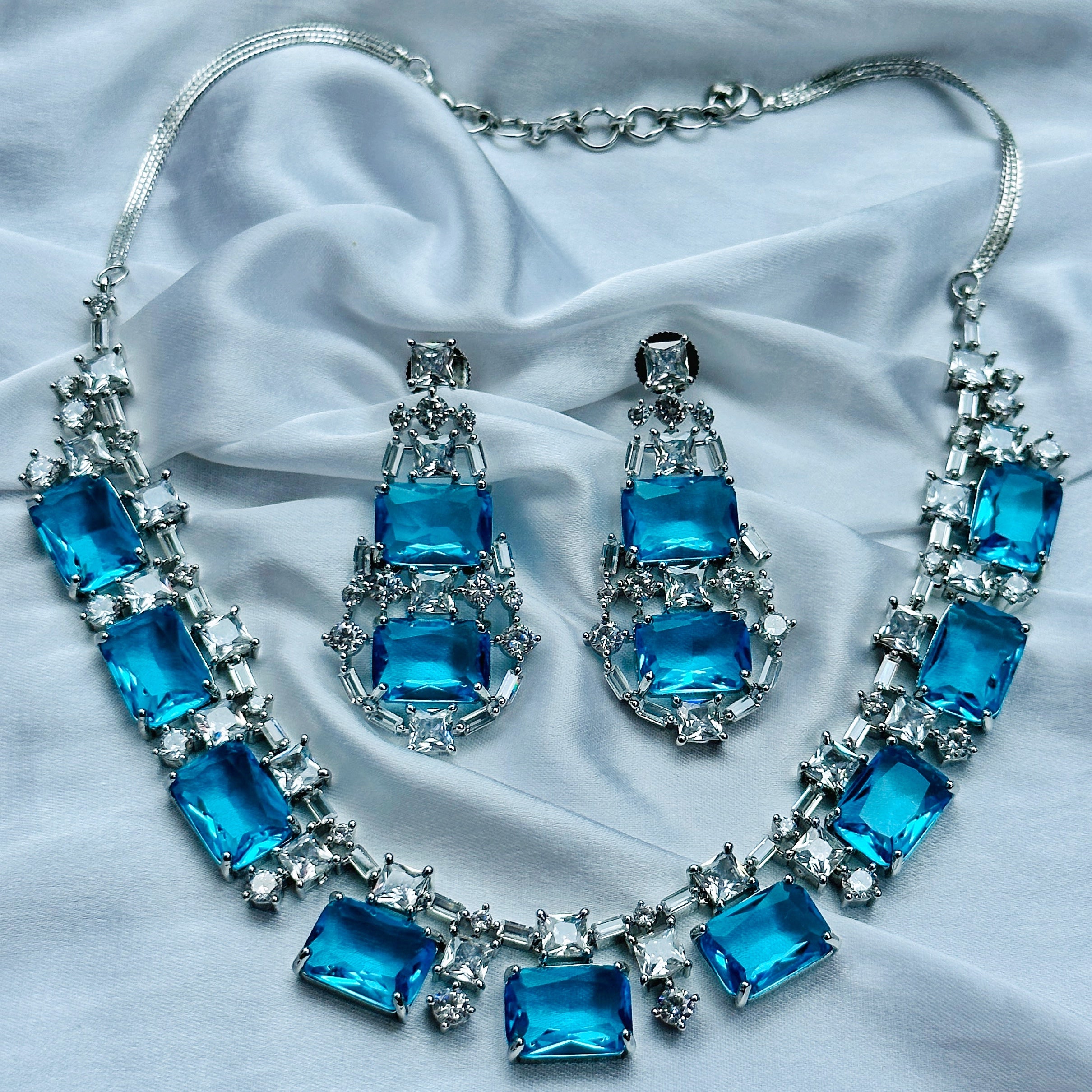 Ariva Collection Aqua Blue Sapphire Cubic Zircon American Diamond Silver Plated Necklace Set