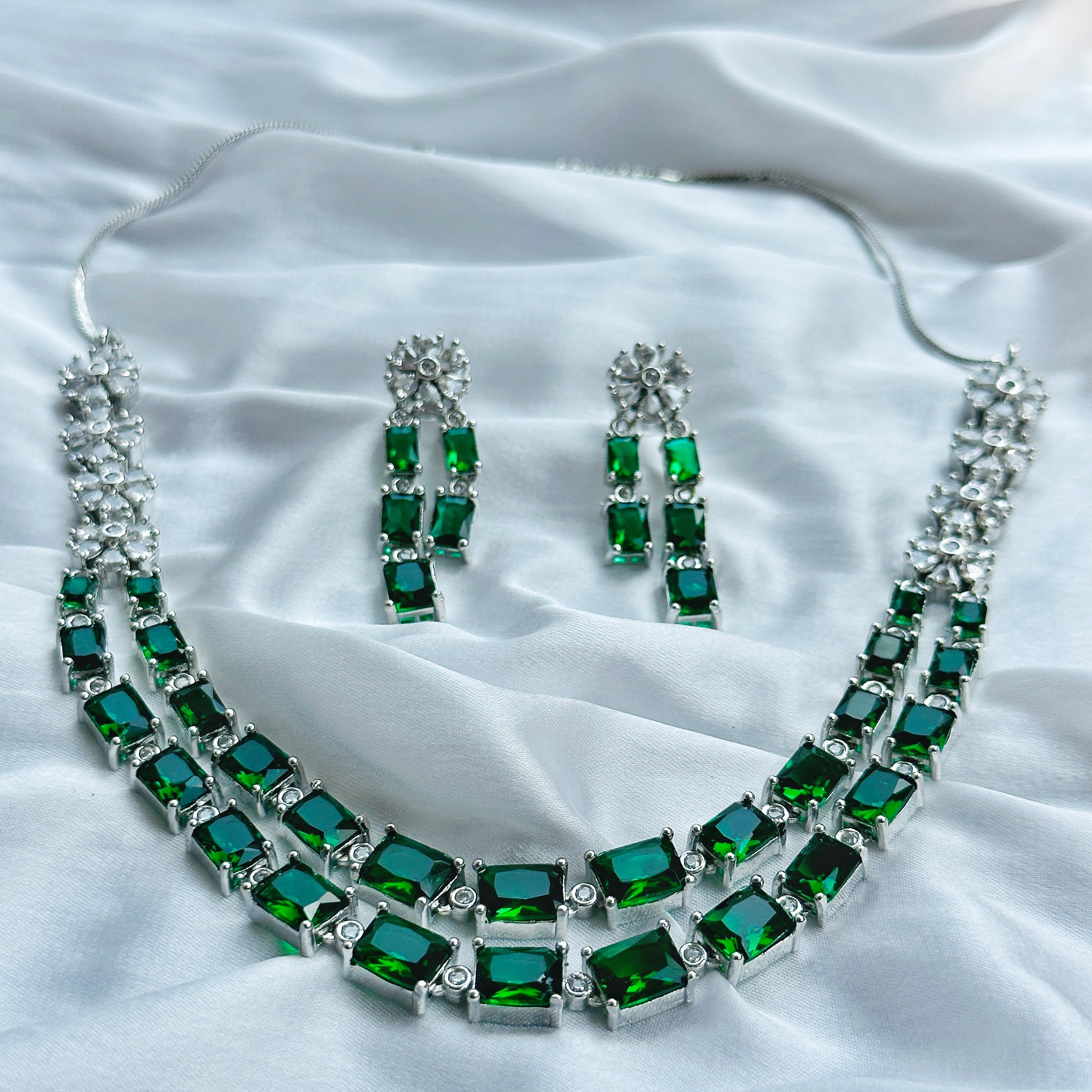 Ariva Collection Emerald Cubic Zircon Double Chain American Diamond Silver Plated Necklace Set