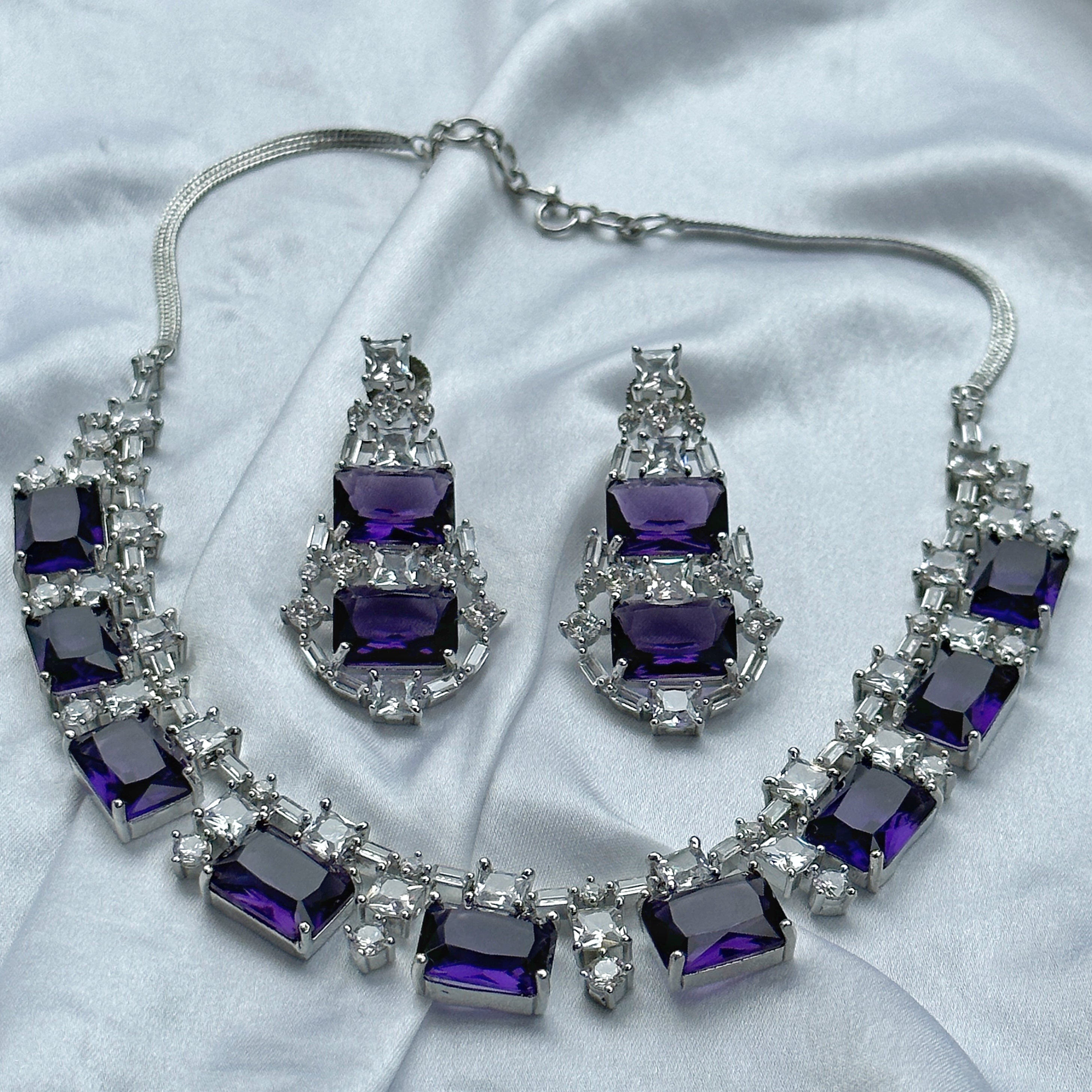 Ariva Collection Deep Purple Amethyst Cubic Zircon American Diamond Silver Plated Necklace Set