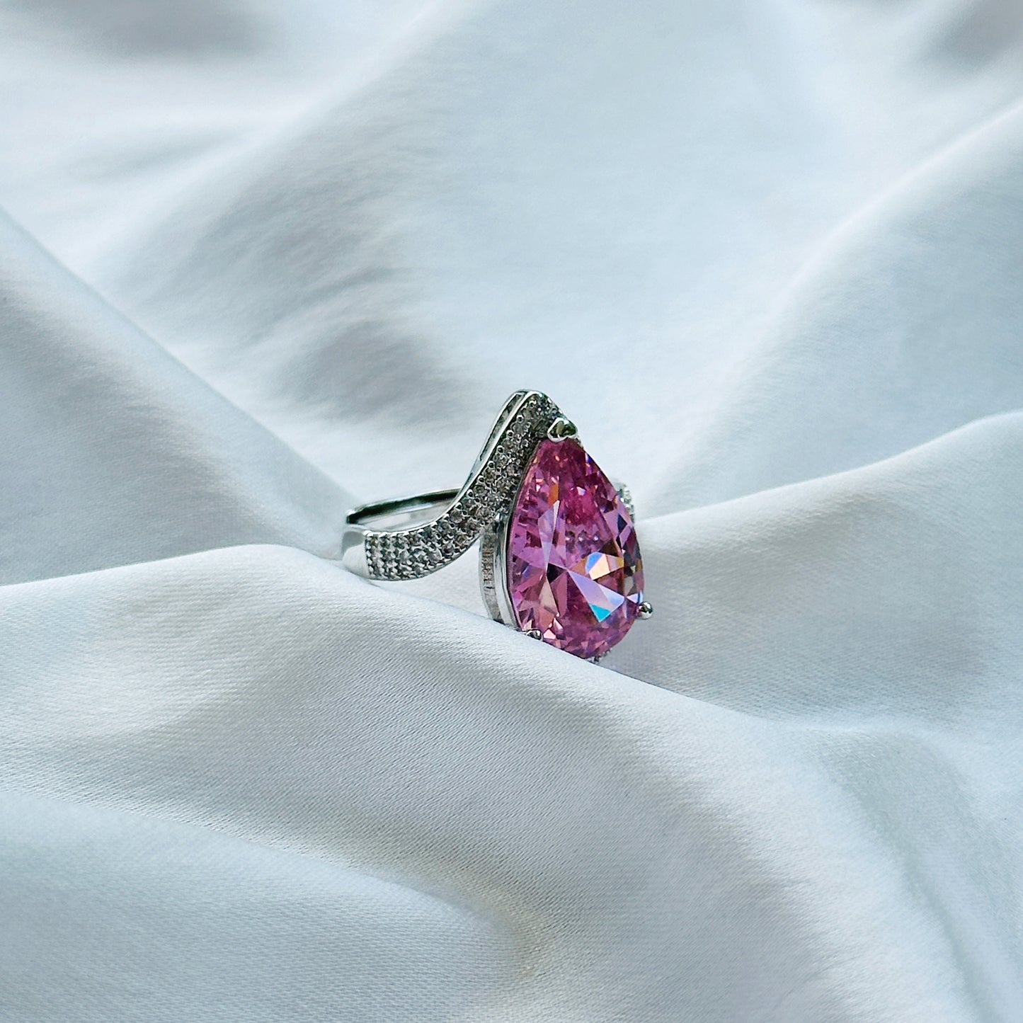 Ariva Collection Pink Topaz Cubic Zircon Ice Cut Stone American Diamond Silver Plated Adjustable Ring