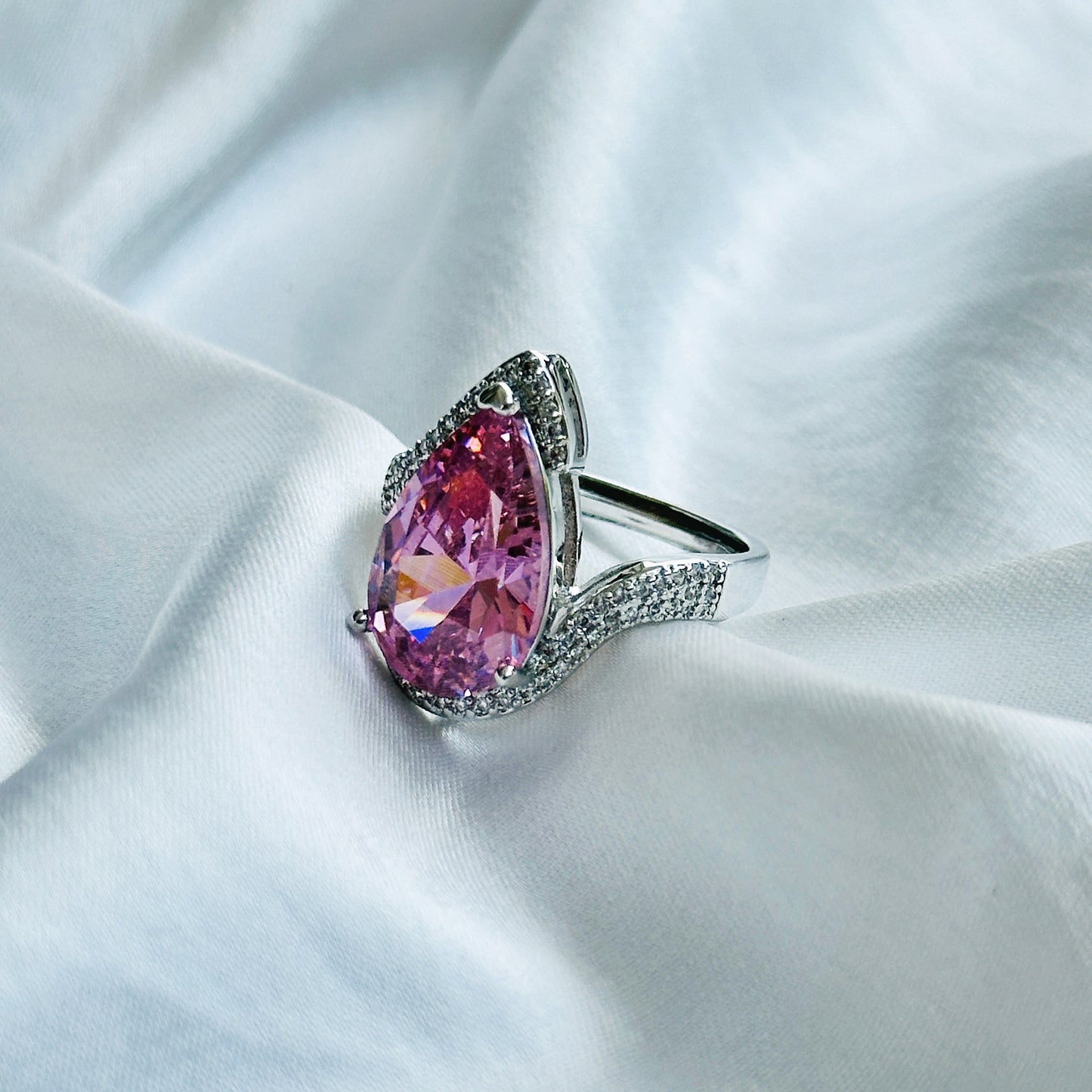 Ariva Collection Pink Topaz Cubic Zircon Ice Cut Stone American Diamond Silver Plated Adjustable Ring