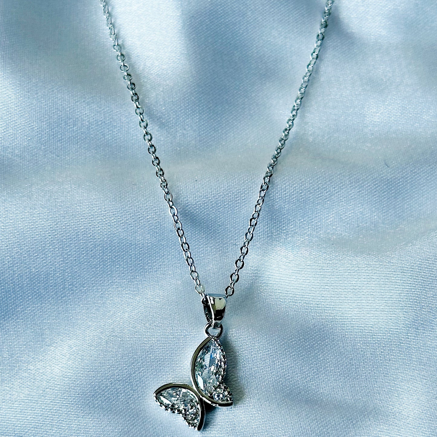 Ariva Collection Butterfly Design American Diamond Silver Plated Stainless Steel Necklace