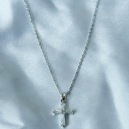 Ariva Collection Cross Design American Diamond Silver Plated Stainless Steel Necklace