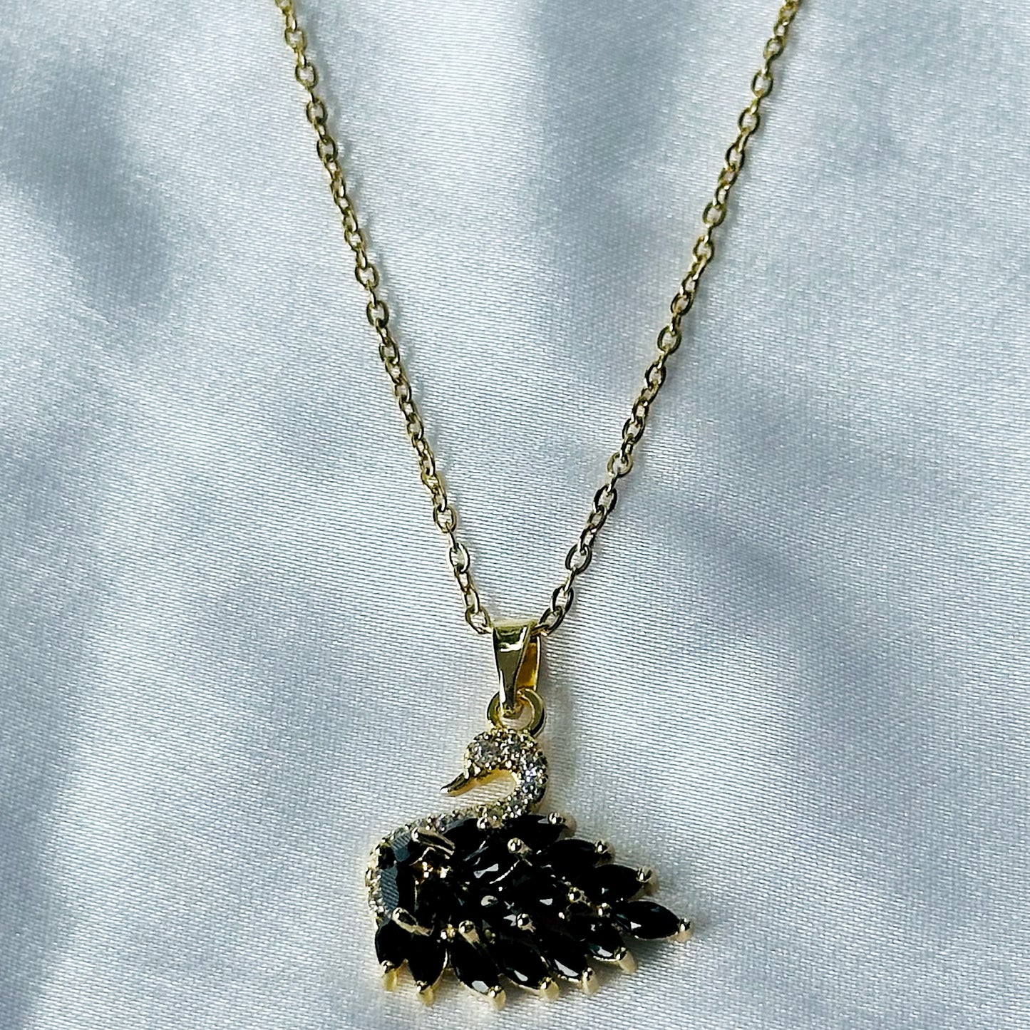 Ariva Collection Crystal Black Swan Design American Diamond Gold Plated Stainless Steel Necklace