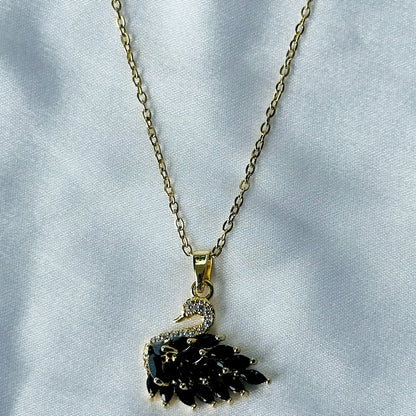 Ariva Collection Crystal Black Swan Design American Diamond Gold Plated Stainless Steel Necklace