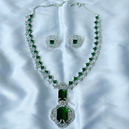 Ariva Collection Green Emerald Cubic Zircon Stones American Diamond Silver Plated Necklace Set