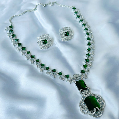 Ariva Collection Green Emerald Cubic Zircon Stones American Diamond Silver Plated Necklace Set