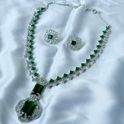 Ariva Collection Green Emerald Cubic Zircon Stones American Diamond Silver Plated Necklace Set