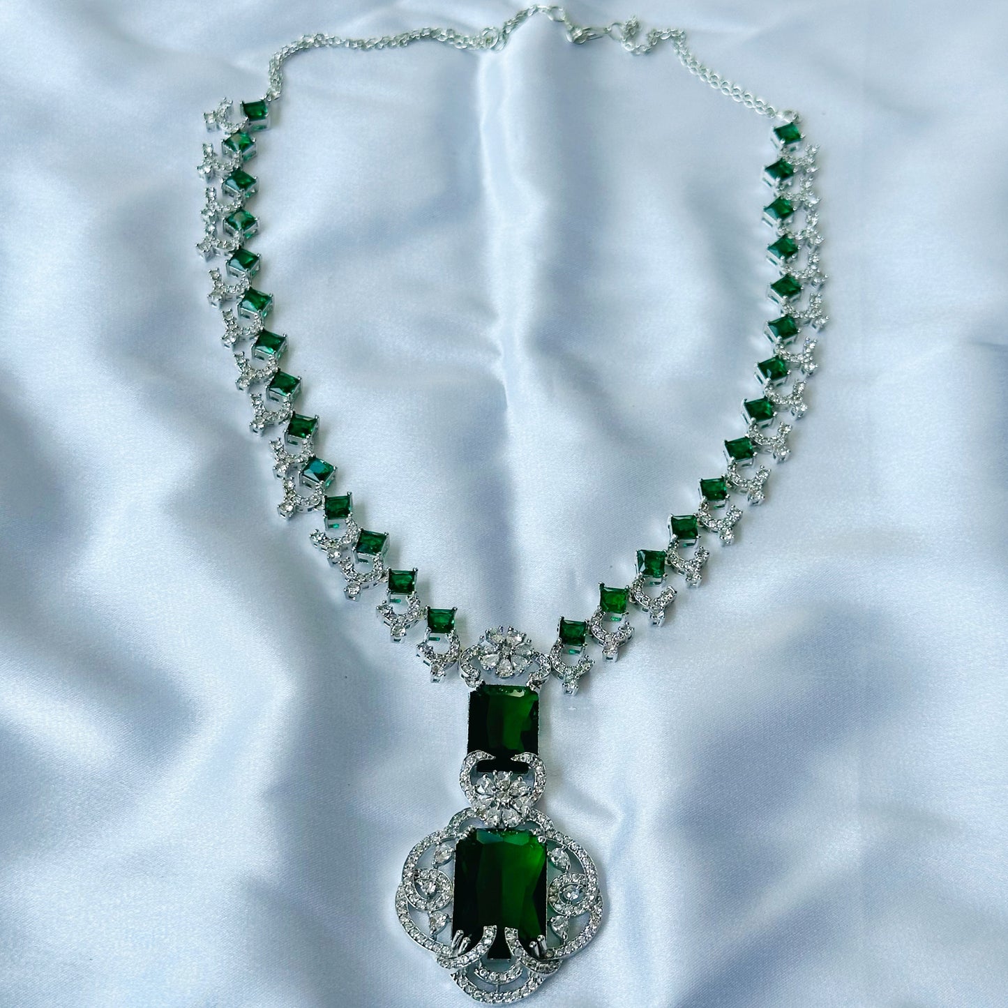 Ariva Collection Green Emerald Cubic Zircon Stones American Diamond Silver Plated Necklace Set