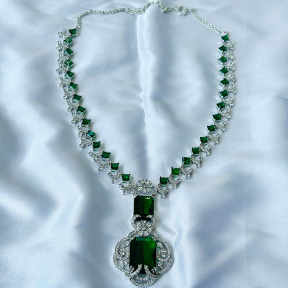 Ariva Collection Green Emerald Cubic Zircon Stones American Diamond Silver Plated Necklace Set