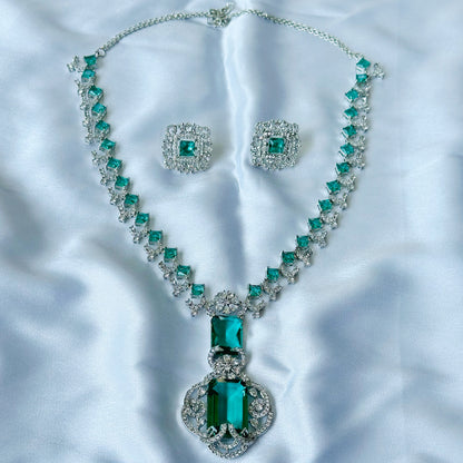 Ariva Collection Sea Green Topaz Cubic Zircon Stones American Diamond Silver Plated Necklace Set