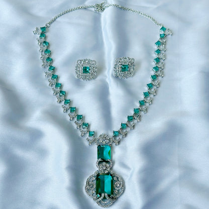 Ariva Collection Sea Green Topaz Cubic Zircon Stones American Diamond Silver Plated Necklace Set