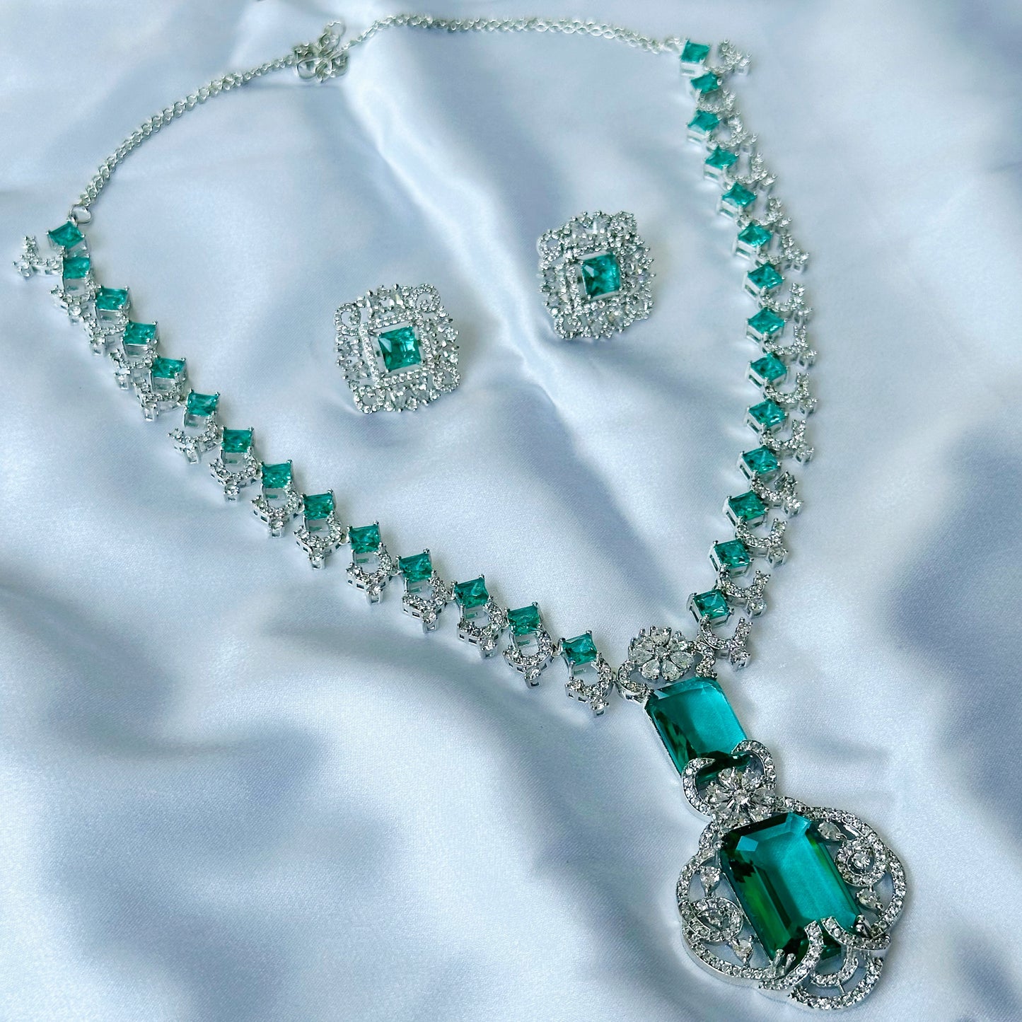 Ariva Collection Sea Green Topaz Cubic Zircon Stones American Diamond Silver Plated Necklace Set