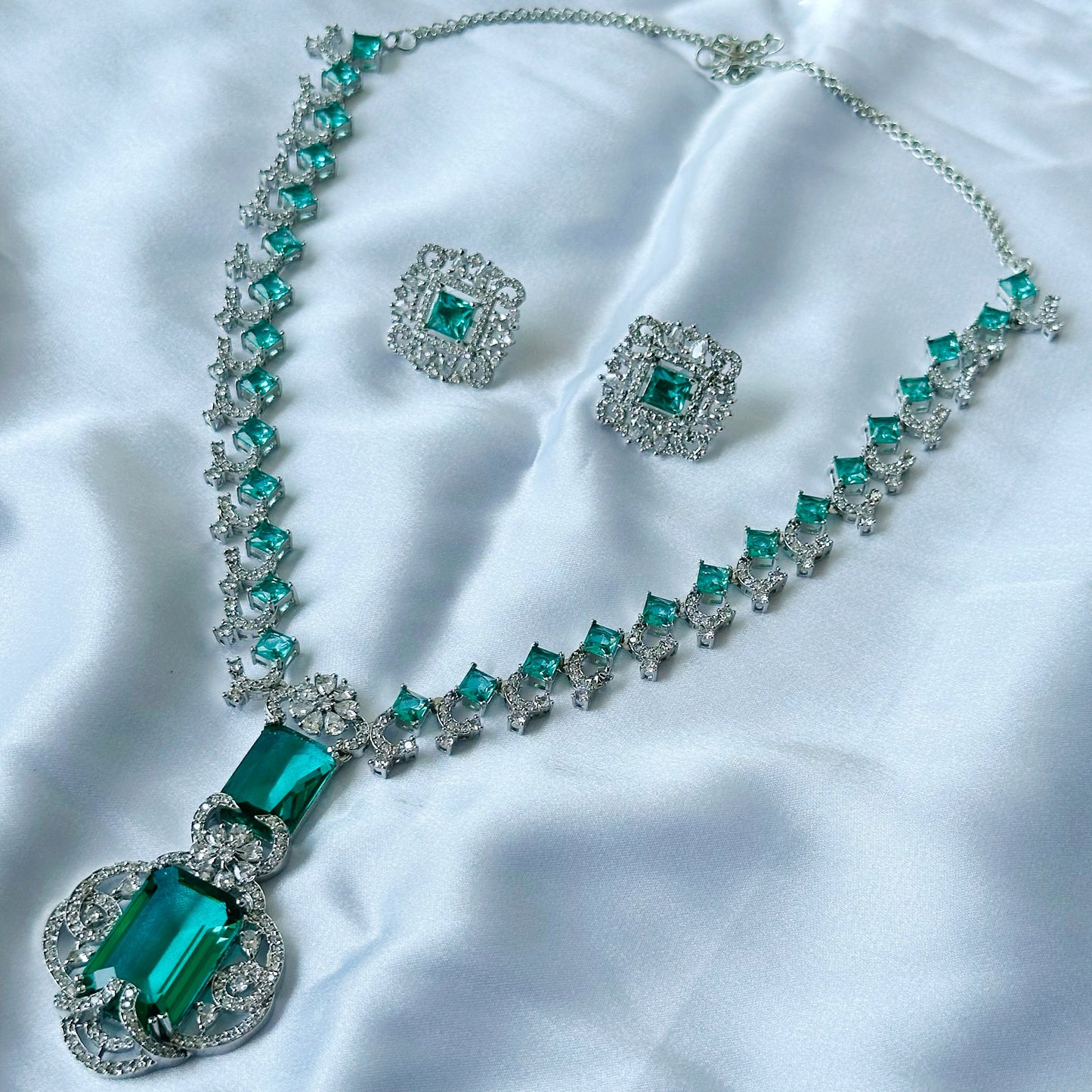 Ariva Collection Sea Green Topaz Cubic Zircon Stones American Diamond Silver Plated Necklace Set