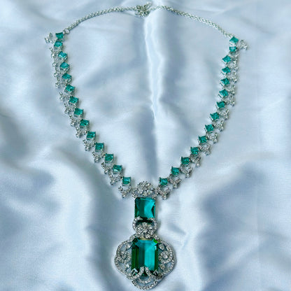 Ariva Collection Sea Green Topaz Cubic Zircon Stones American Diamond Silver Plated Necklace Set