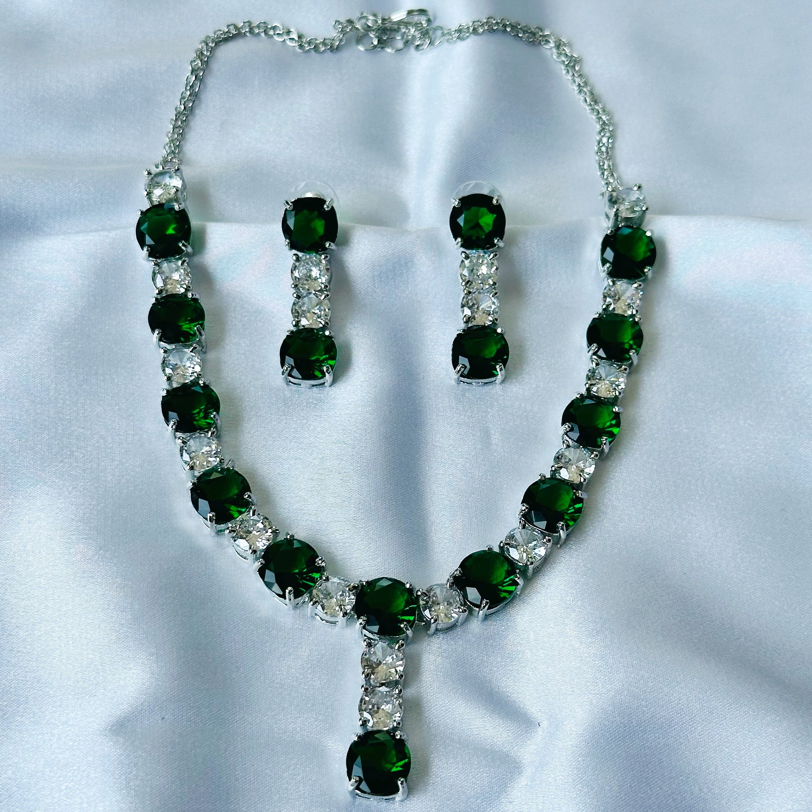 Ariva Collection Green Emerald Cubic Zircon Stones American Diamond Silver Plated Necklace Set