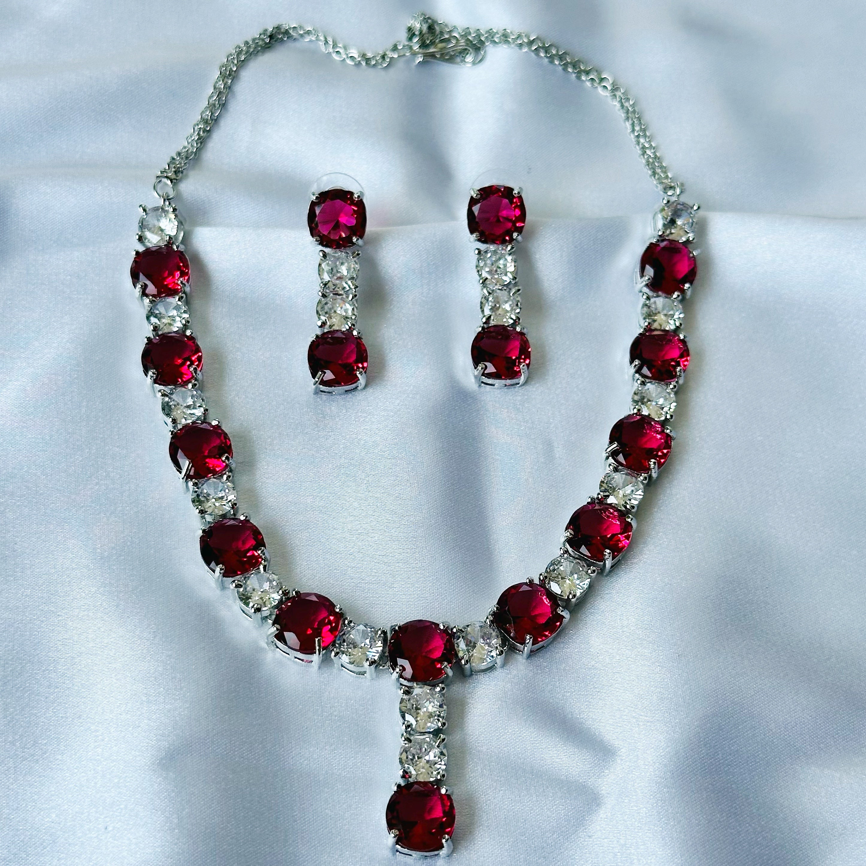 Ariva Collection Red Ruby Cubic Zircon Stones American Diamond Silver Plated Necklace Set