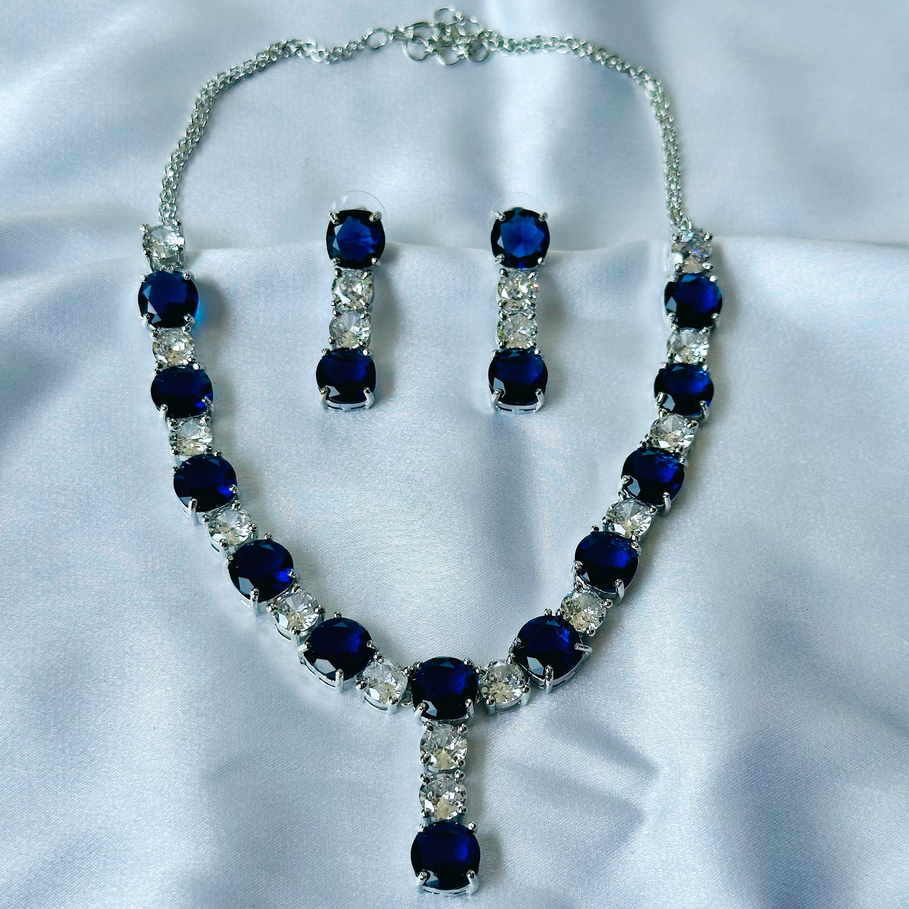 Ariva Collection Blue Sapphire Cubic Zircon Stones American Diamond Silver Plated Necklace Set