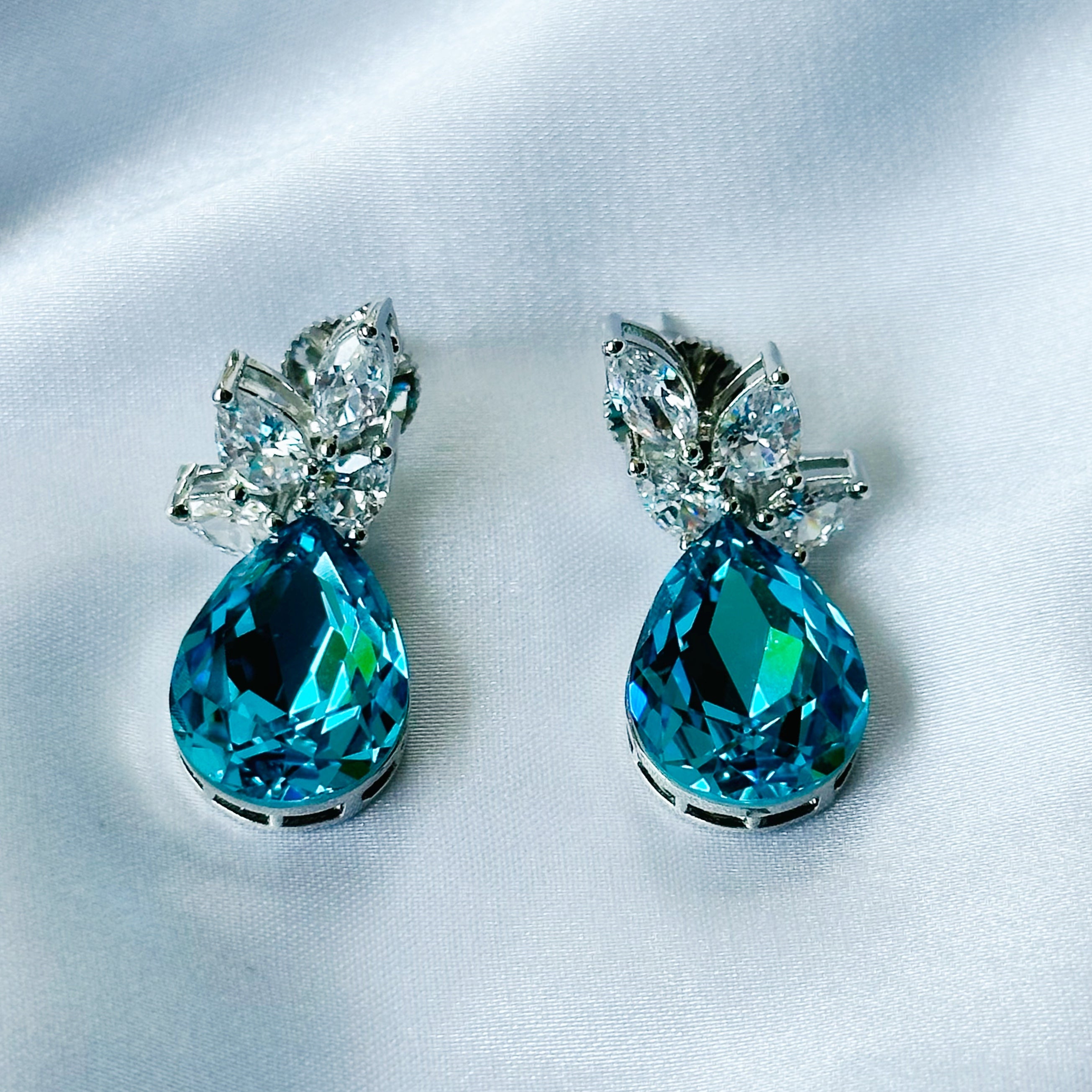 Ariva Collection Aqua Blue Indicolite Swarovski Crystal Silver Plated Earrings