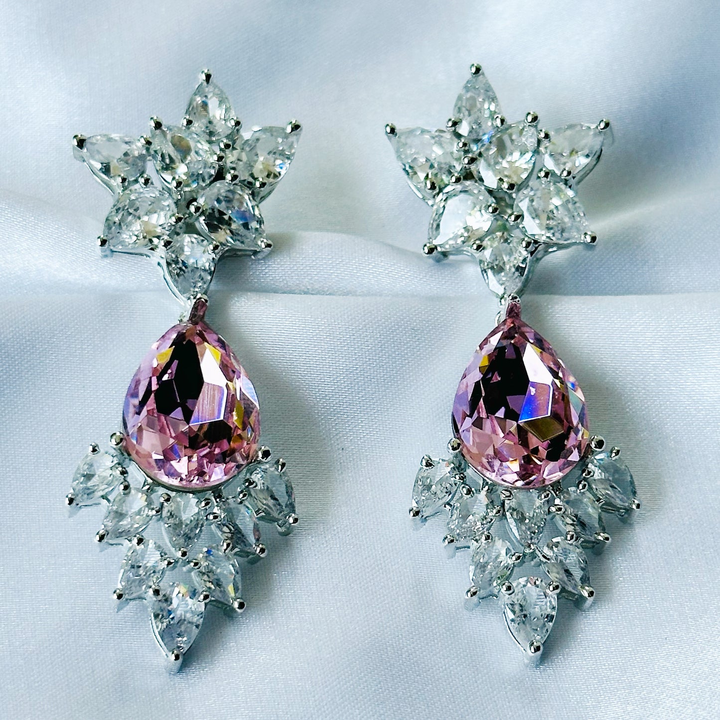 Ariva Collection Lt Pink Rose Swarovski Crystal Silver Plated Earrings