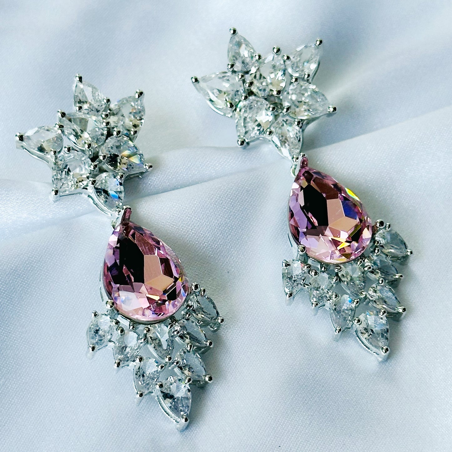 Ariva Collection Lt Pink Rose Swarovski Crystal Silver Plated Earrings