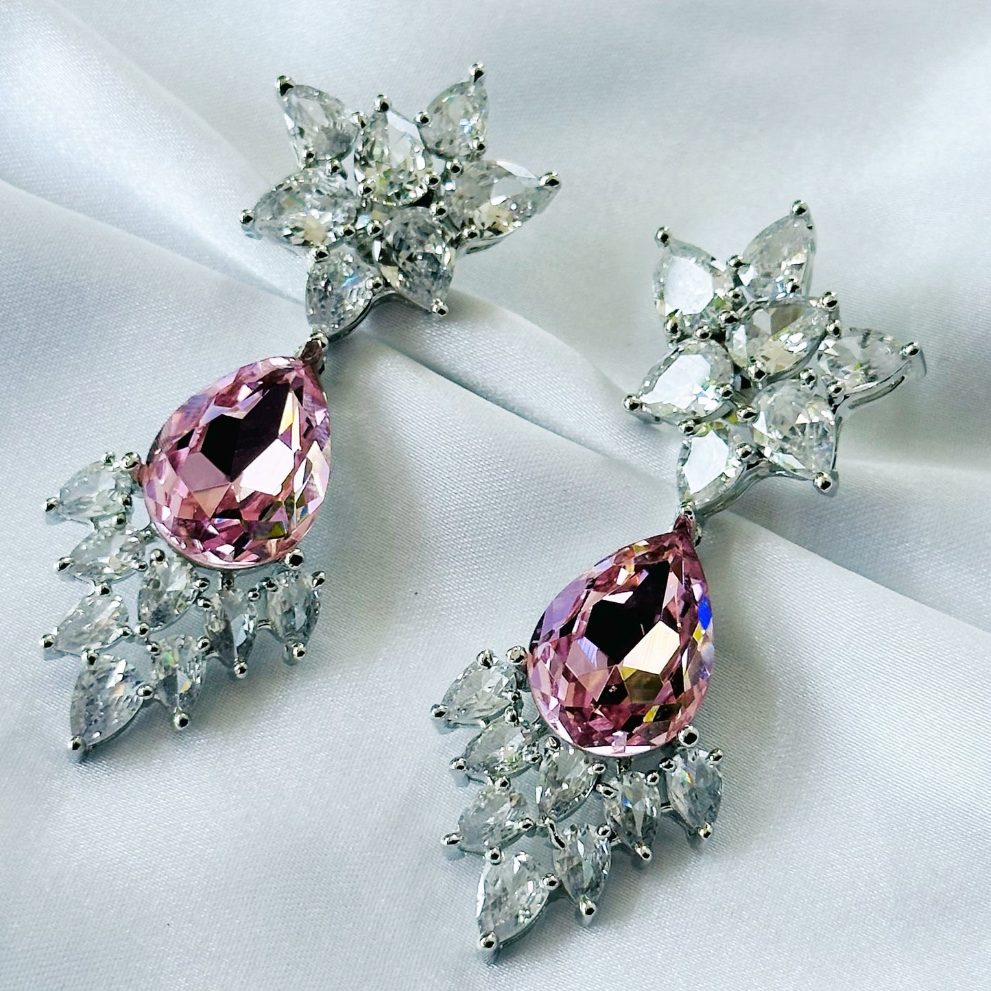 Ariva Collection Lt Pink Rose Swarovski Crystal Silver Plated Earrings