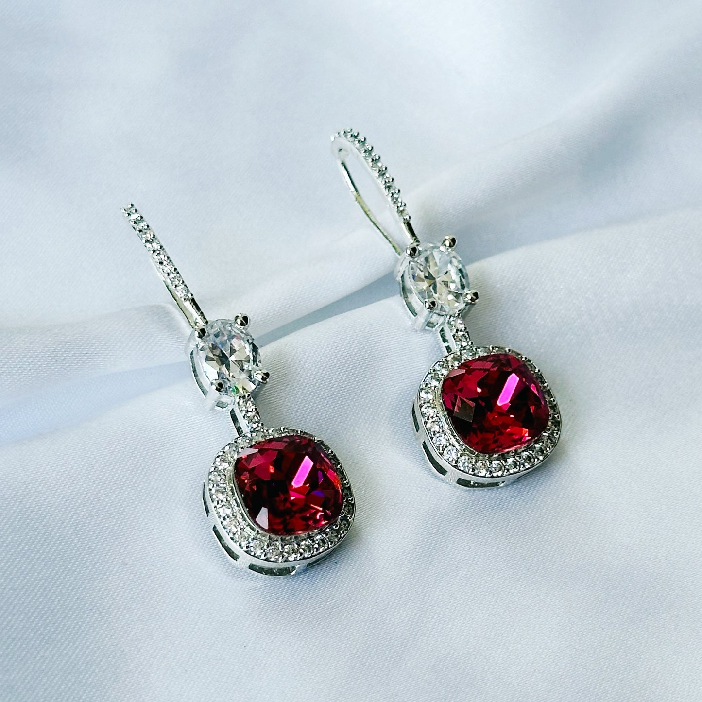 Ariva Collection Red Siam Swarovski Crystal American Diamond Silver Plated Earrings