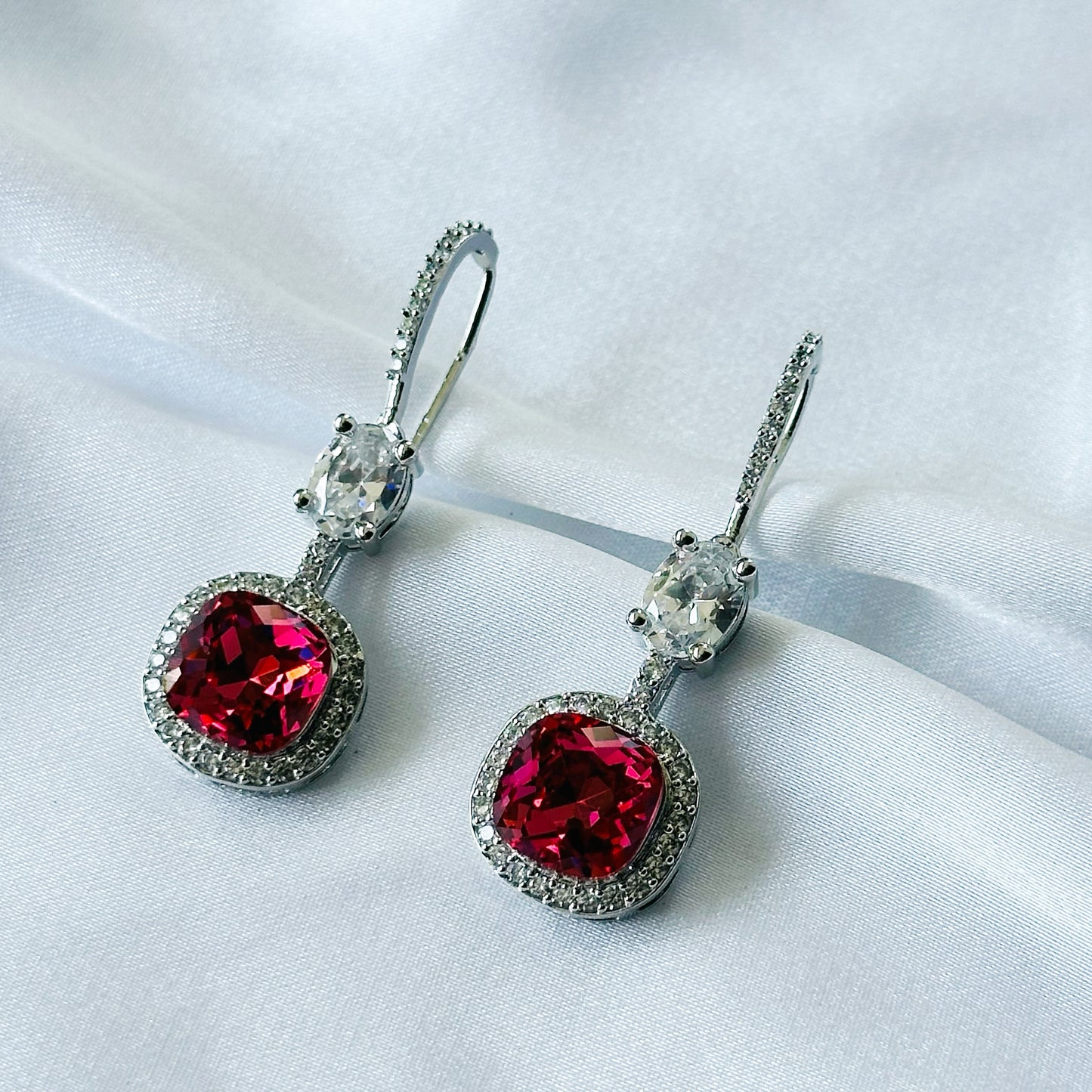 Ariva Collection Red Siam Swarovski Crystal American Diamond Silver Plated Earrings