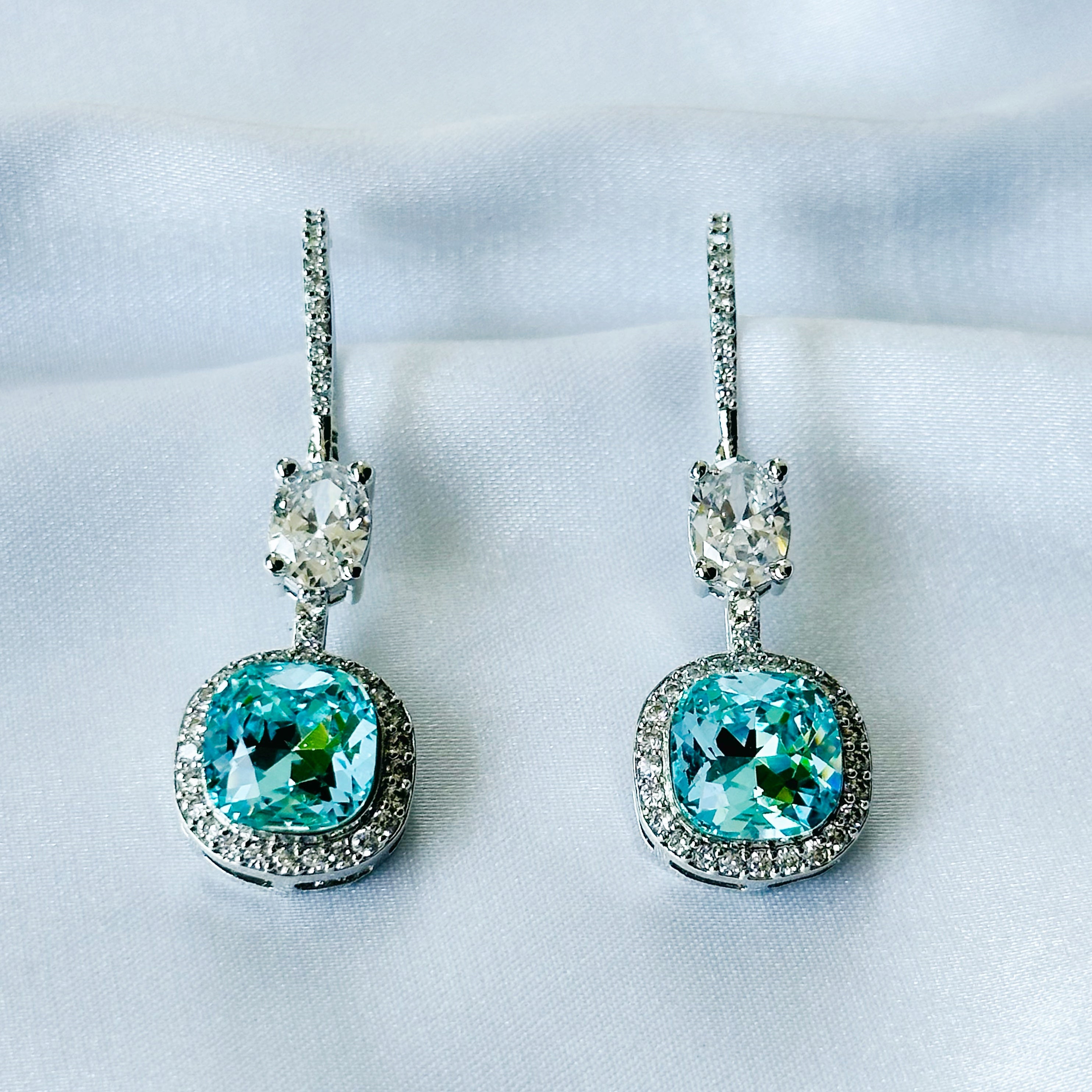 Ariva Collection Aqua Blue Indicolite Swarovski Crystal American Diamond Silver Plated Earrings