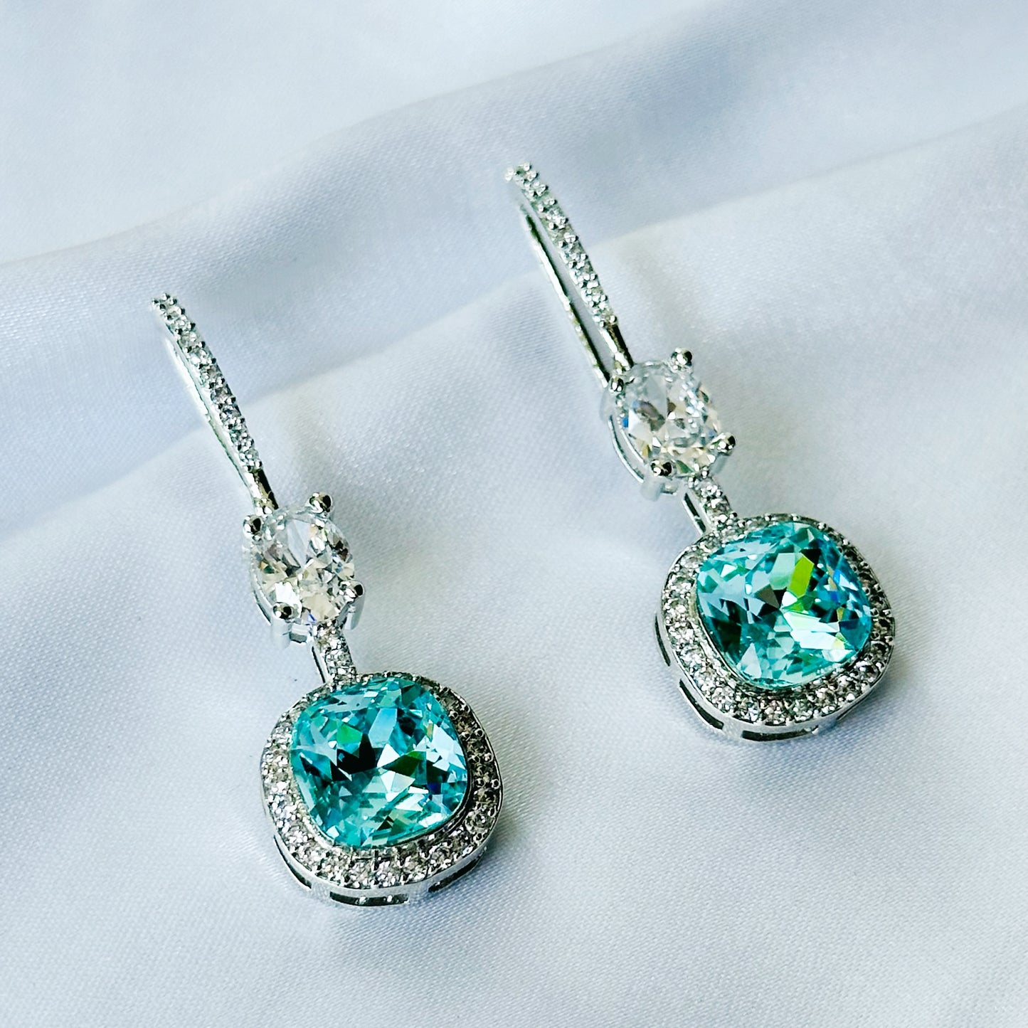 Ariva Collection Aqua Blue Indicolite Swarovski Crystal American Diamond Silver Plated Earrings