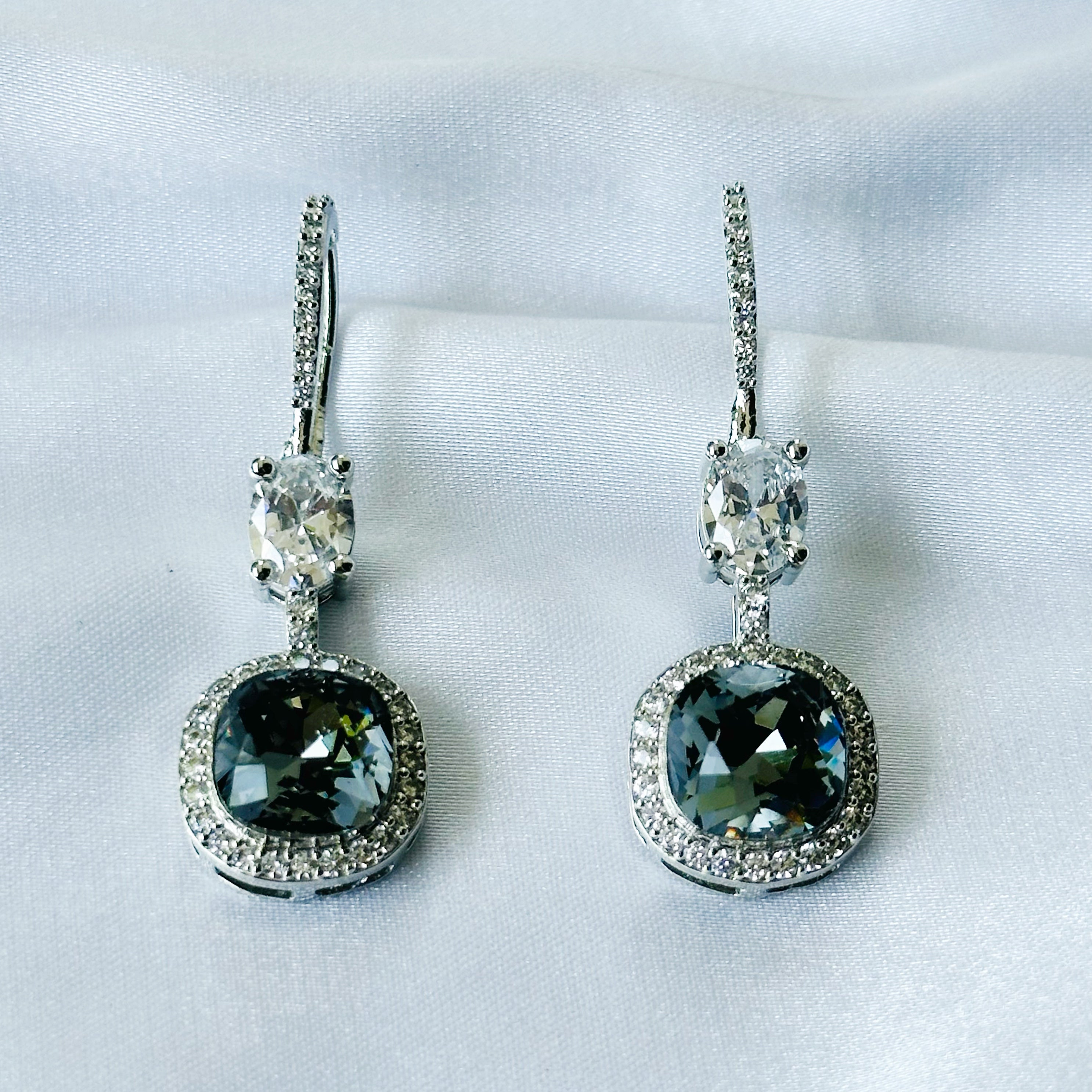 Ariva Collection Black Morion Swarovski Crystal American Diamond Silver Plated Earrings