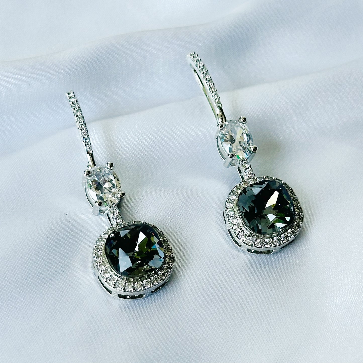 Ariva Collection Black Morion Swarovski Crystal American Diamond Silver Plated Earrings