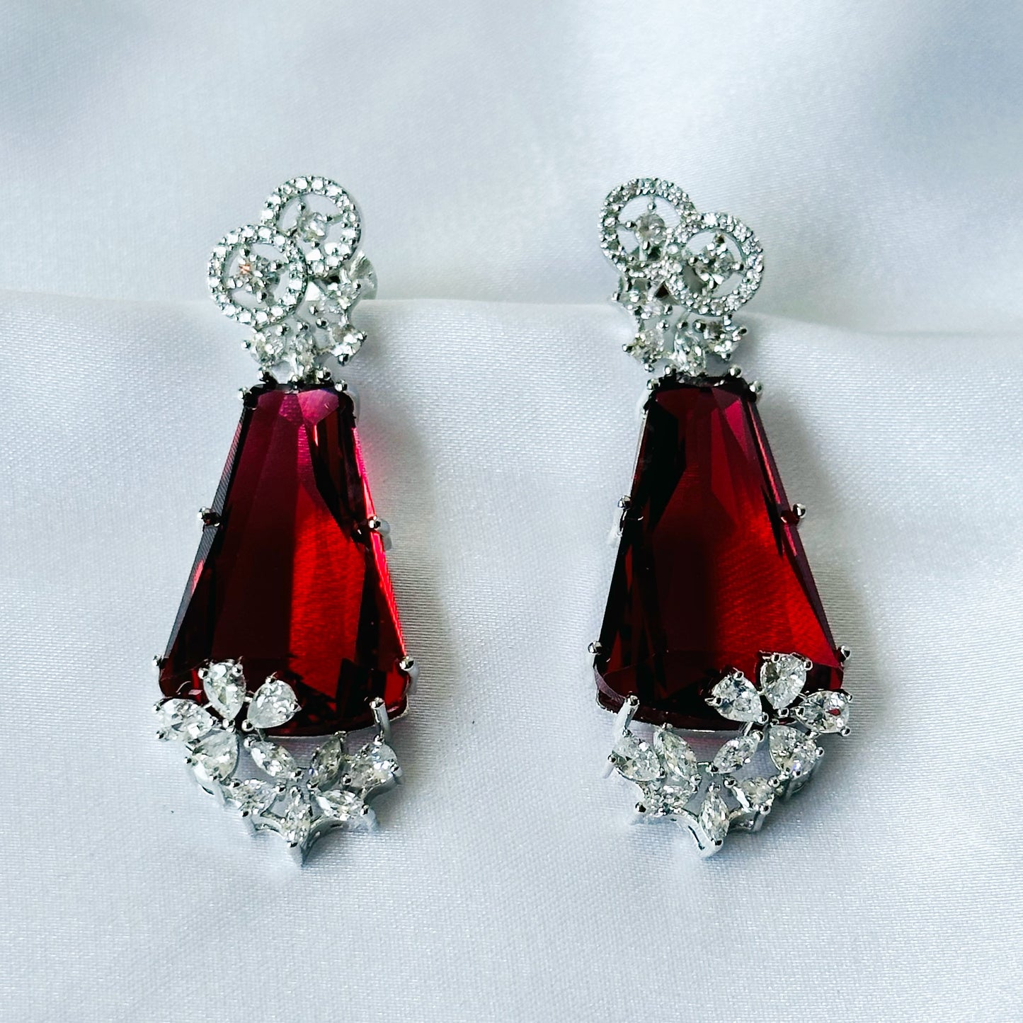 Ariva Collection Red Ruby Cubic Zircon American Diamond Silver Plated Earrings