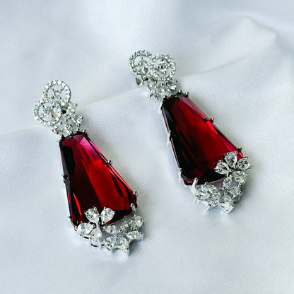 Ariva Collection Red Ruby Cubic Zircon American Diamond Silver Plated Earrings