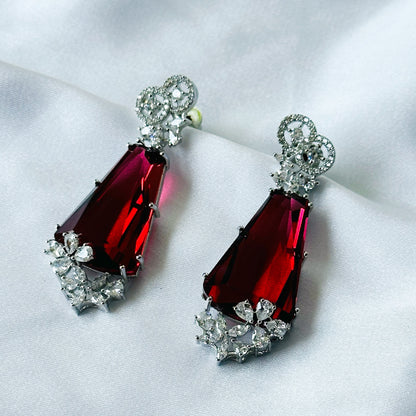 Ariva Collection Red Ruby Cubic Zircon American Diamond Silver Plated Earrings