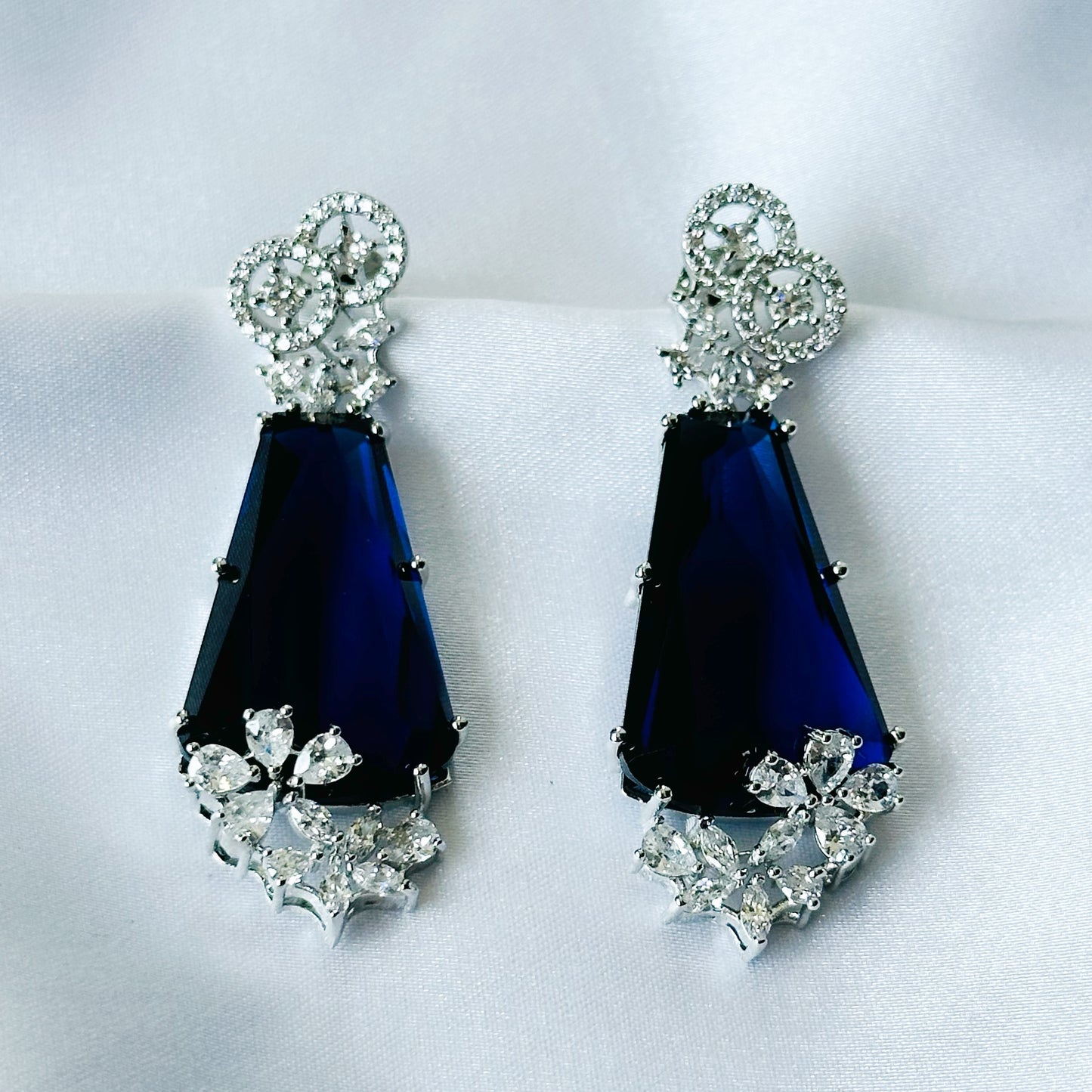 Ariva Collection Blue Sapphire Cubic Zircon American Diamond Silver Plated Earrings