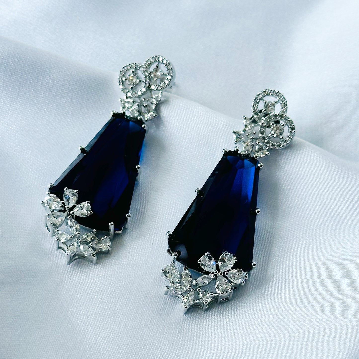 Ariva Collection Blue Sapphire Cubic Zircon American Diamond Silver Plated Earrings