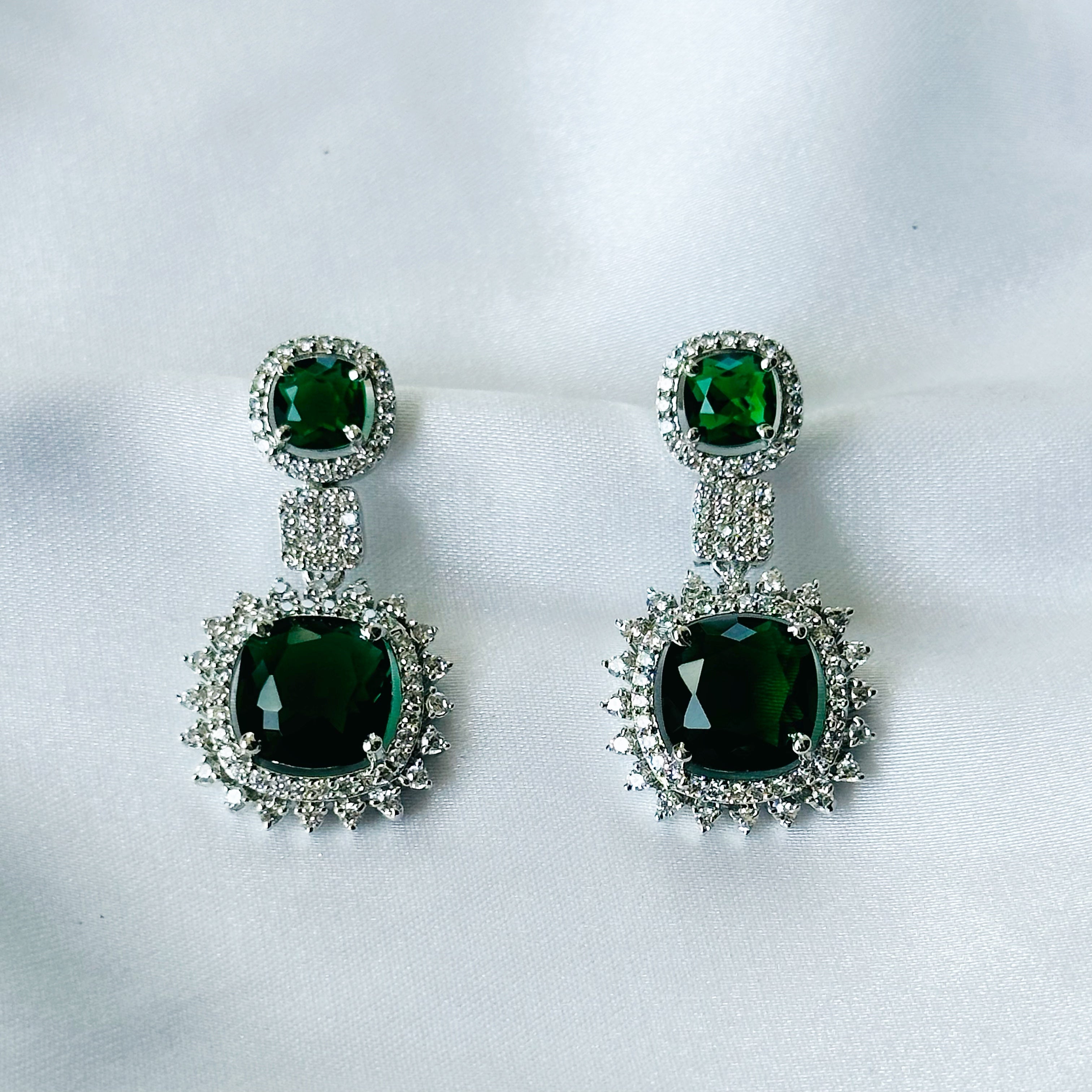 Ariva Collection Green Emerald Cubic Zircon American Diamond Silver Plated Earrings