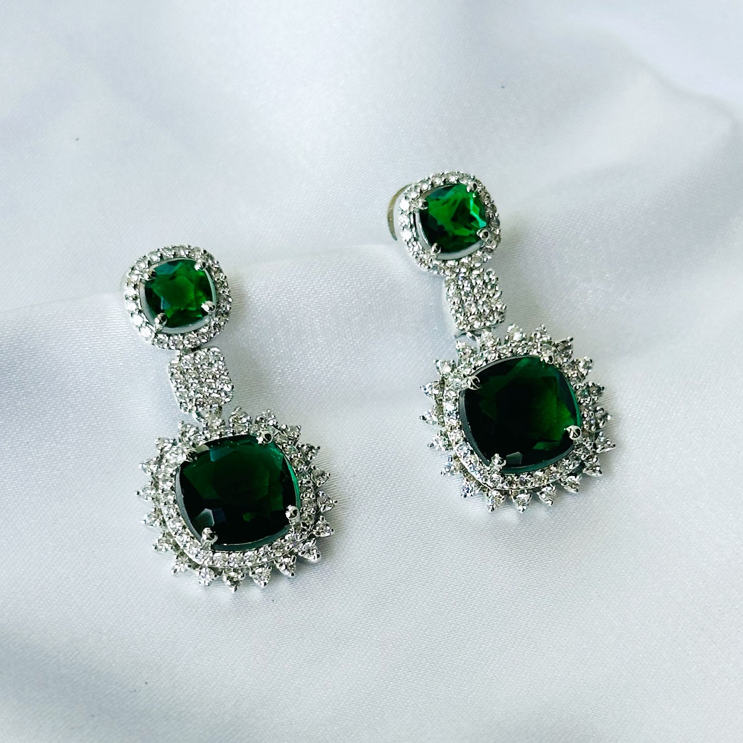 Ariva Collection Green Emerald Cubic Zircon American Diamond Silver Plated Earrings