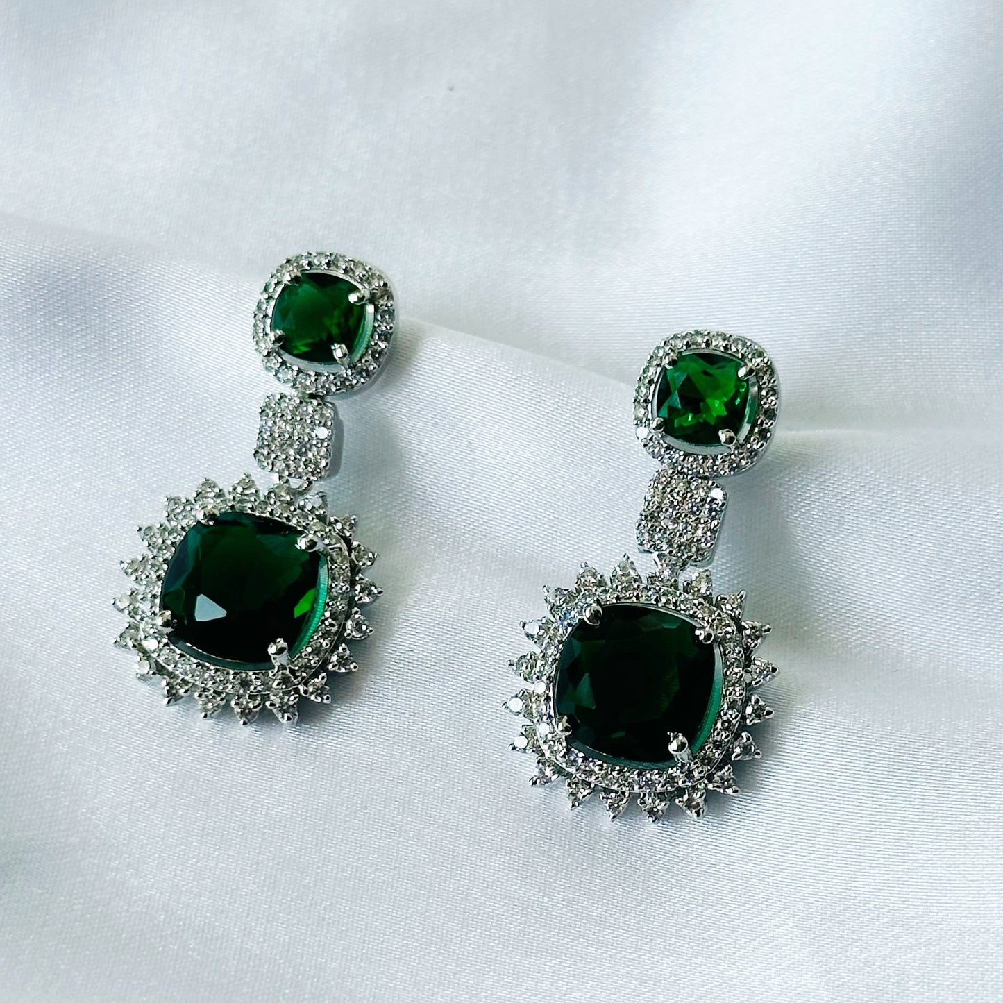 Ariva Collection Green Emerald Cubic Zircon American Diamond Silver Plated Earrings