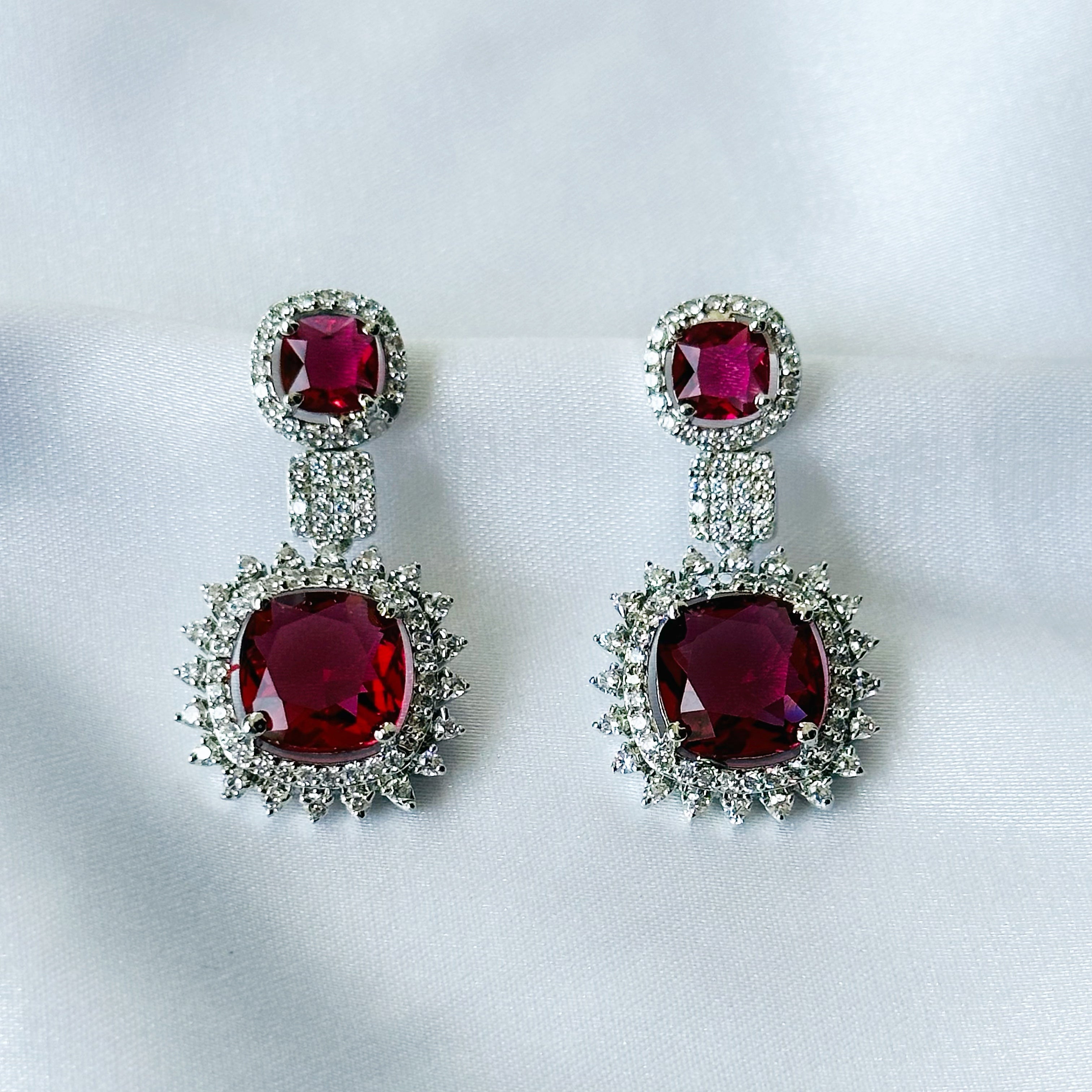 Ariva Collection Red Ruby Cubic Zircon American Diamond Silver Plated Earrings