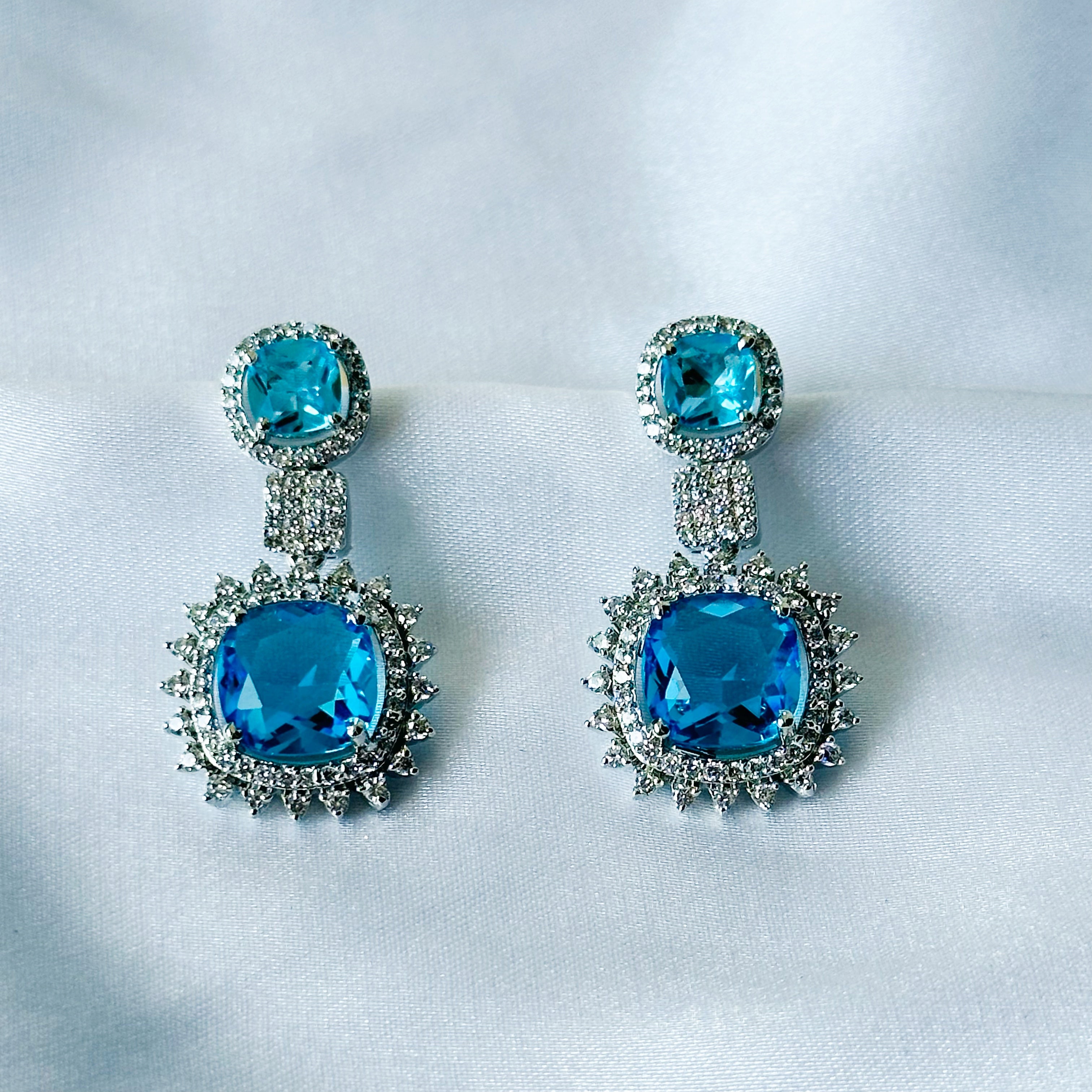 Ariva Collection Aqua Blue Sapphire Cubic Zircon American Diamond Silver Plated Earrings