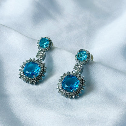 Ariva Collection Aqua Blue Sapphire Cubic Zircon American Diamond Silver Plated Earrings