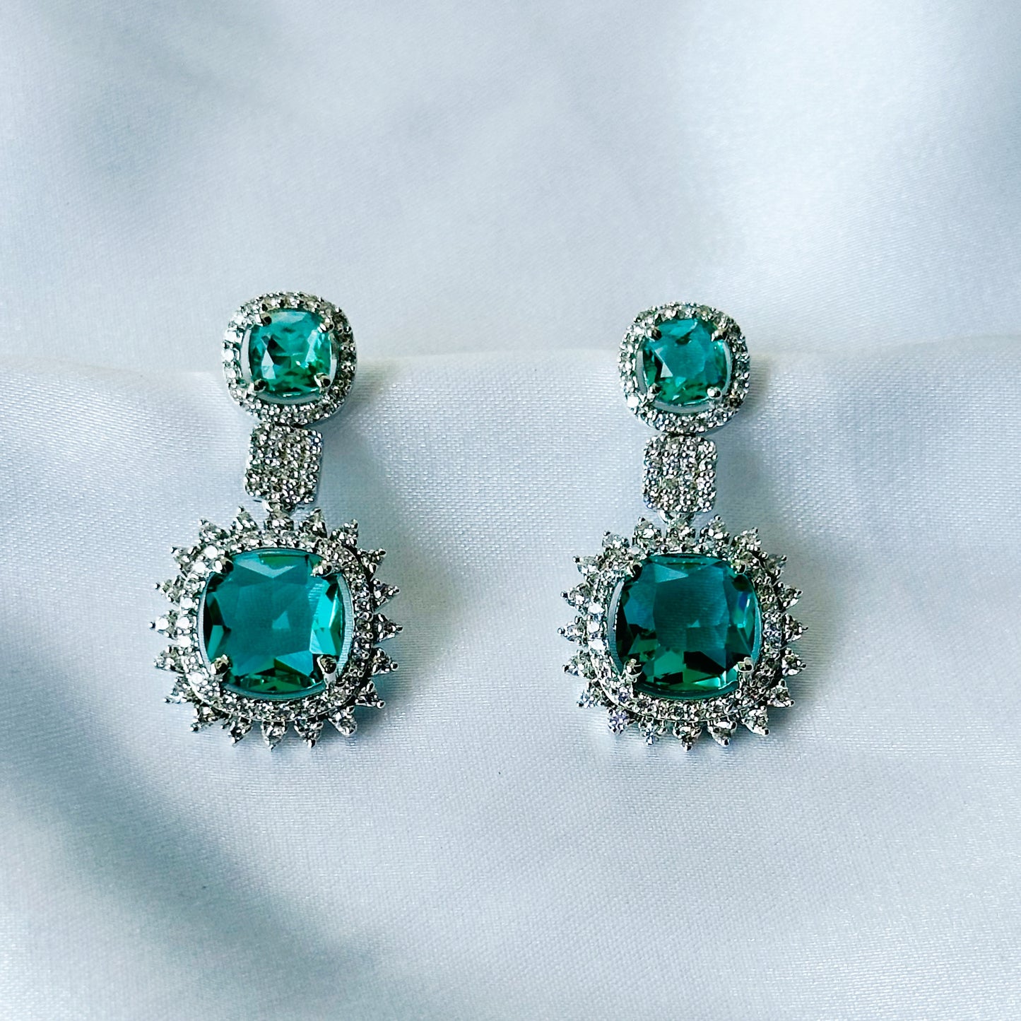 Ariva Collection Sea Green Topaz Cubic Zircon American Diamond Silver Plated Earrings