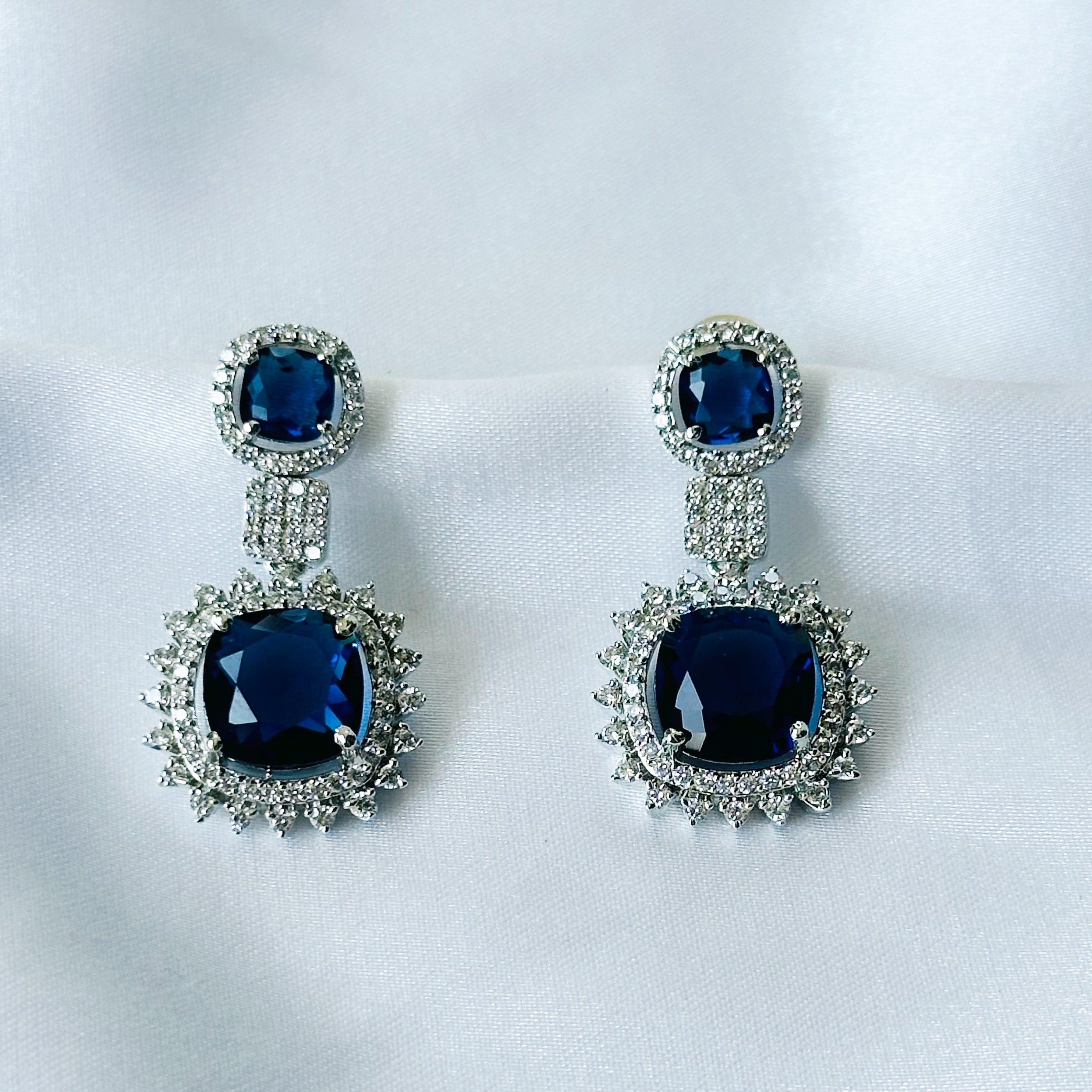 Ariva Collection Blue Sapphire Cubic Zircon American Diamond Silver Plated Earrings