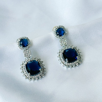 Ariva Collection Blue Sapphire Cubic Zircon American Diamond Silver Plated Earrings