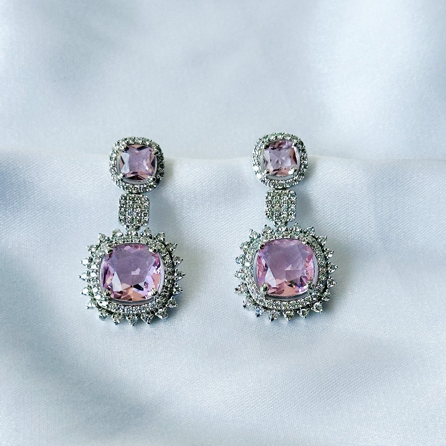 Ariva Collection Pink Topaz Cubic Zircon American Diamond Silver Plated Earrings