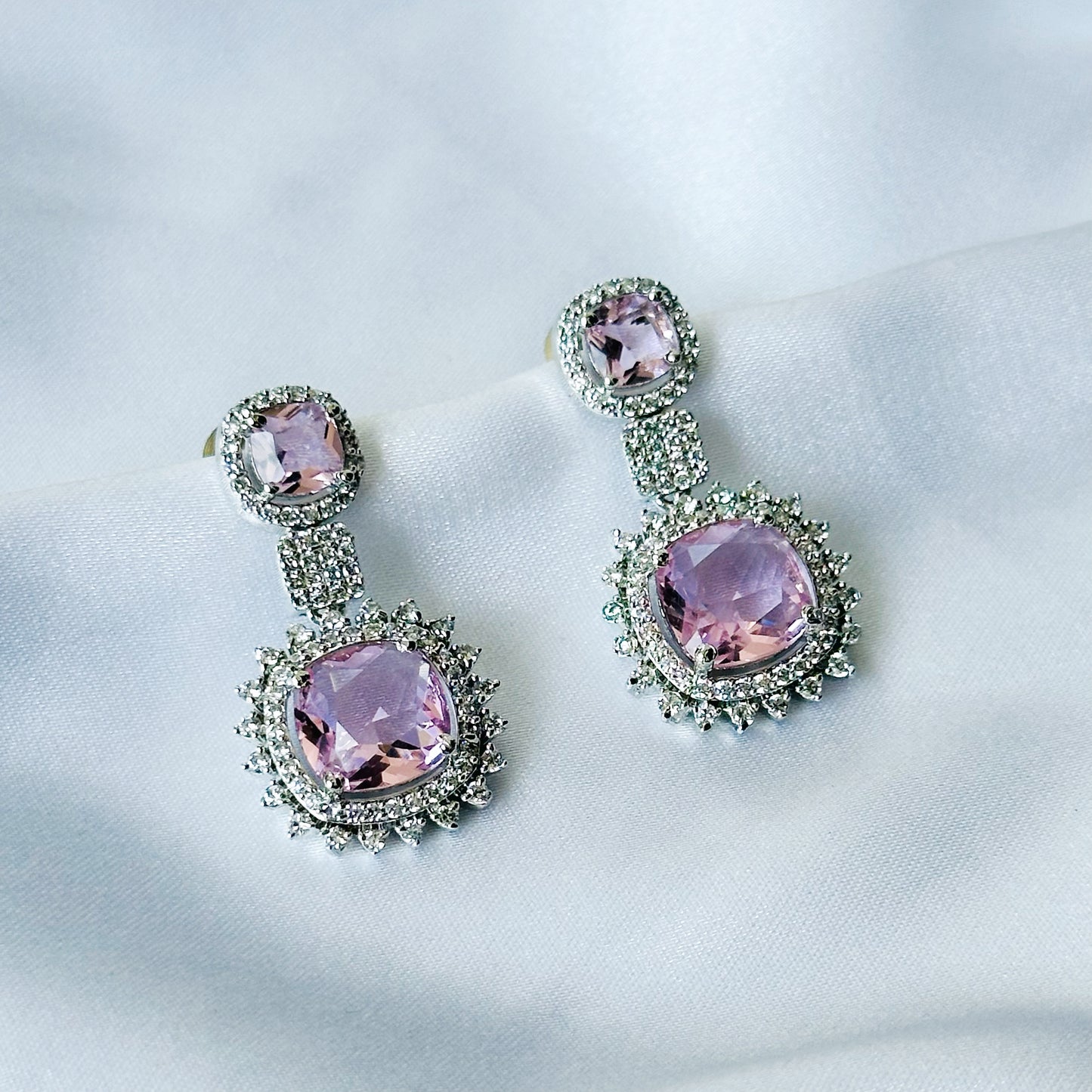 Ariva Collection Pink Topaz Cubic Zircon American Diamond Silver Plated Earrings